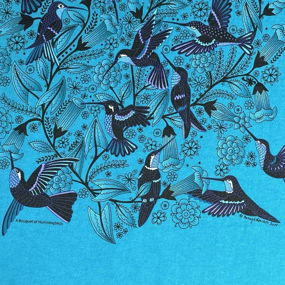 Sabaku Artwear‎ Bouquet Of Hummingbirds Top XL Blue Artsy 3/4 Sleeve